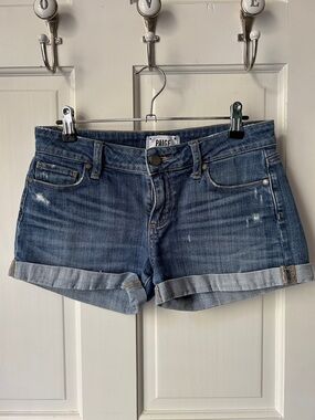 PAIGE Mid Blue Rolled Cuff Distressed Denim Shorts